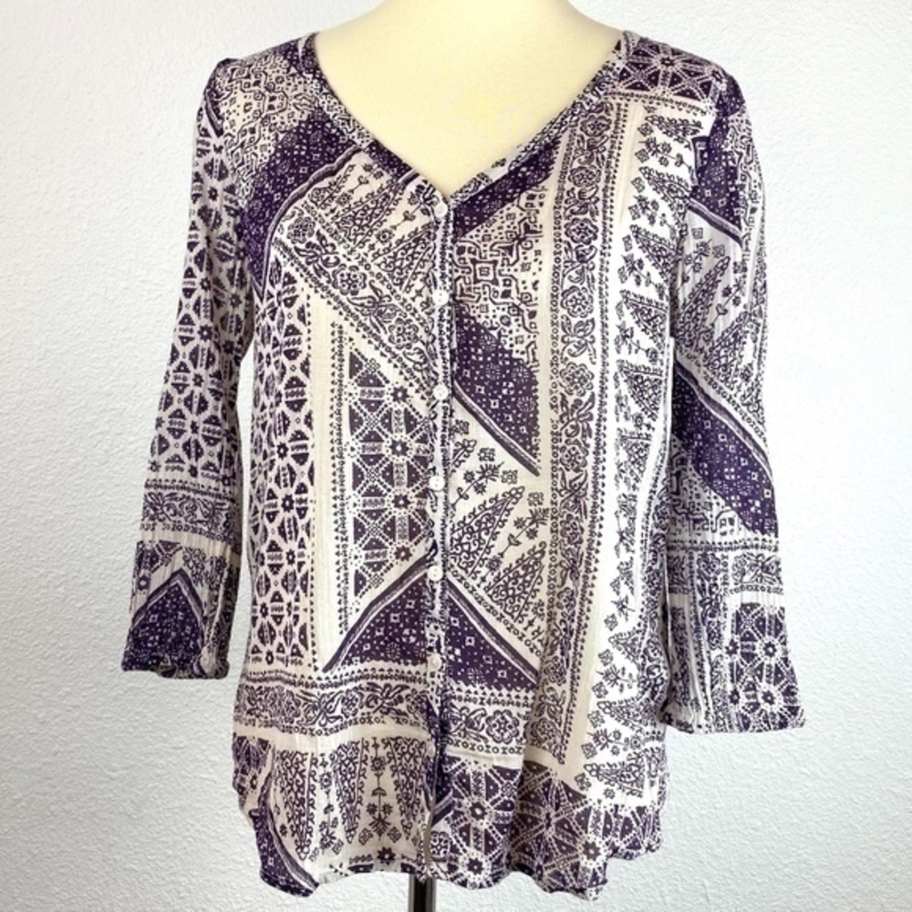 Lucky Boho Cotton 3/4 Sleeve Button Up Purple Peasant Blouse Top size Medium